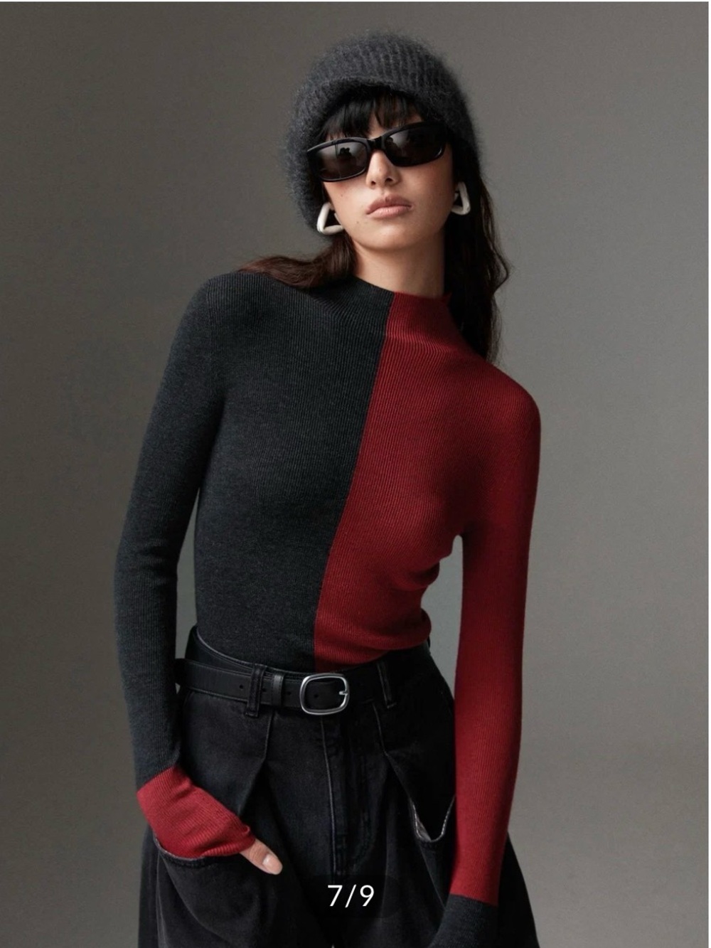 Commense Wool-Blend Two Tone Skinny Knit Top in Burgundy